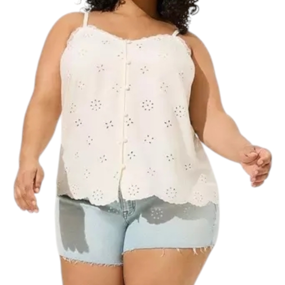 Torrid Eyelet Swing Cami Cream Lace Trim Button Front Boho Size 00